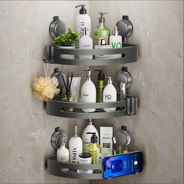 Esquina de ducha con ventosa y ganchos sin perforaciones organizadores de baño de aluminio a prueba de óxido estantes para accesorios de baño