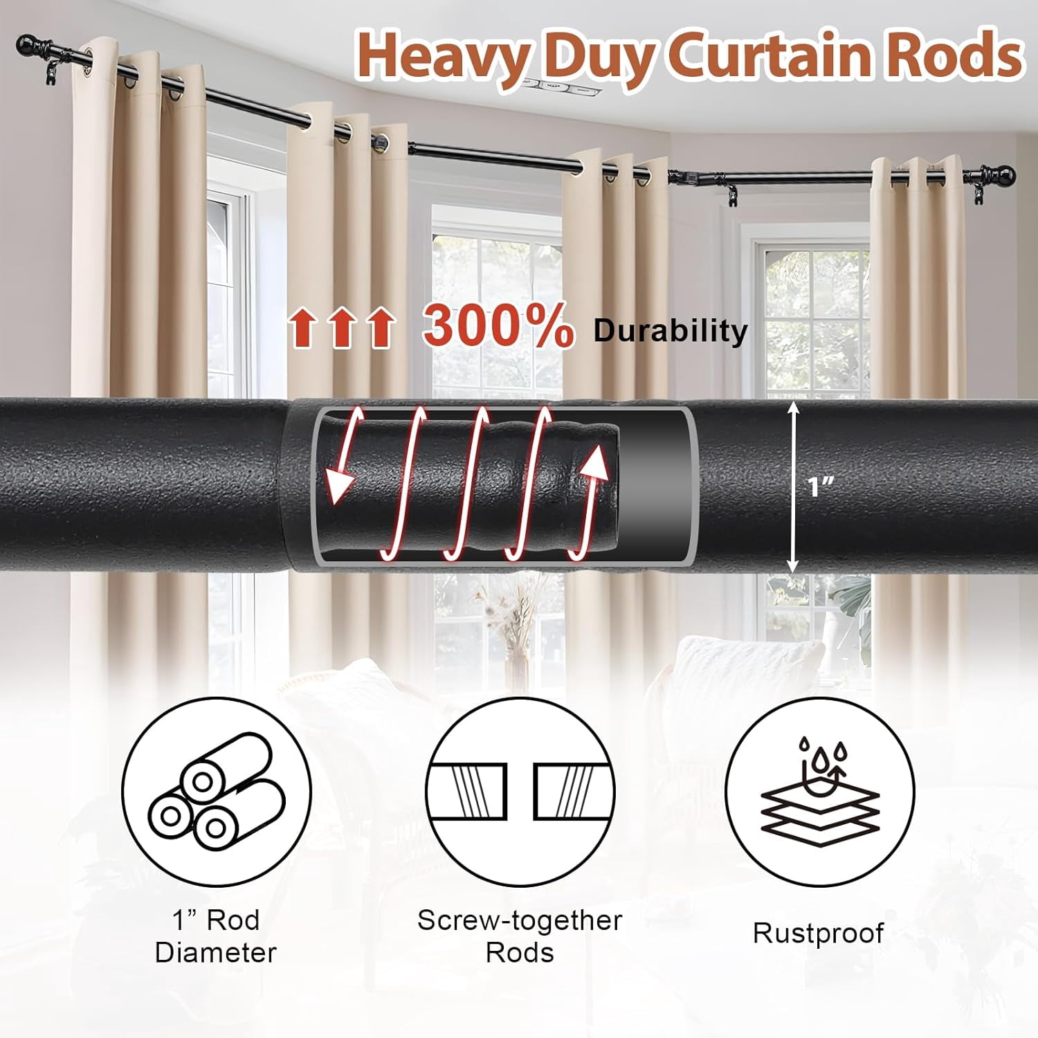Corner Curtain Rod, 1 Inch Heavy Duty Metal L Shaped Corner window Curtain Rod, 32-136” Adjustable Curved Curtain Rod for Corner Window White