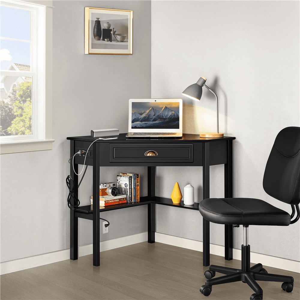 Renwick Modern Corner Computer Desk with Power Outlet and Drawer, Black