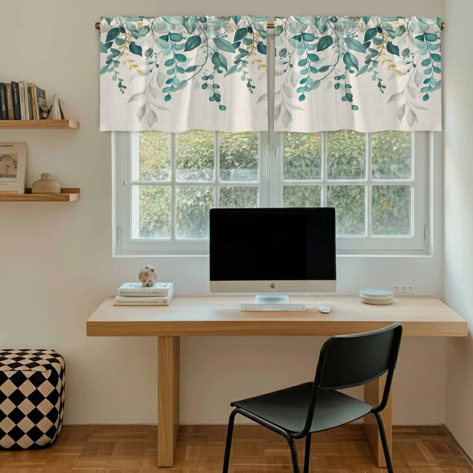 Teal Green Eucalyptus Tier Curtains 36 Inch Length, Farmhouse Weeping Leaves Linen Cafe Short Curtains for Bathroom Over Sink, Small Kitchen Curtain Light Filtering Tiered Drapes 2 Panels 27.5"Wx36"L