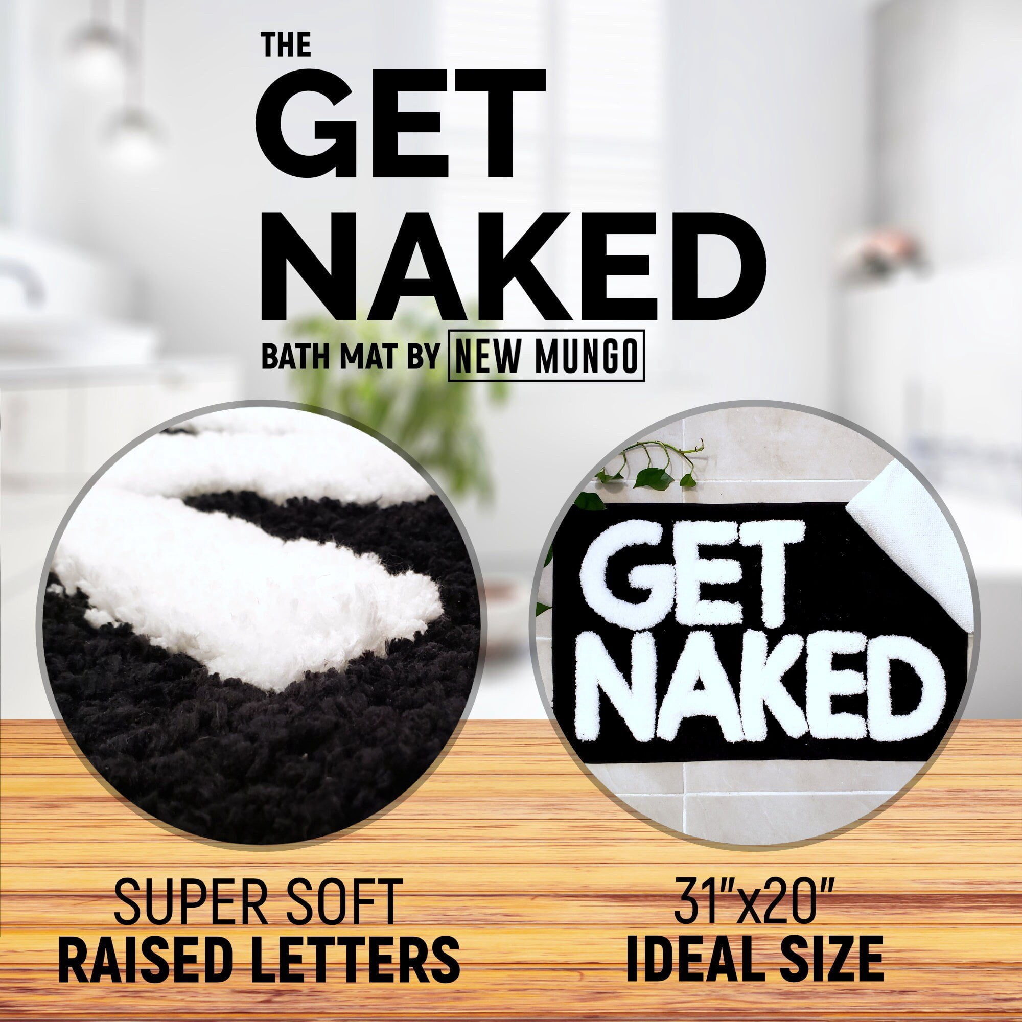 Get Naked Bath Mat - Cute Bath Mat for Apartment Decor - Black Bath Mat - Black Bathroom Rug with White Letters - 31" x 20"