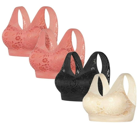 REORIAFEE Wireless Bras for Women 4 Pack Gathered Together Wirefree Bras Floral Prints Brassiere Comfy Wide Strap Breathable Corset Underwear Comfortable Classic Support Lingerie Yellow XXL