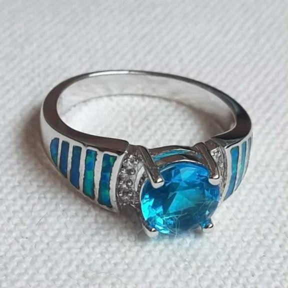 Blue Zirconia Opal Band Men Womens 10KT Black Gold Filled Wedding Ring Size 5-10