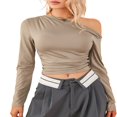 thumbnail image 1 of Women Solid Color Crop Tops Oblique Shoulder Long Sleeve T-Shirts, 1 of 9
