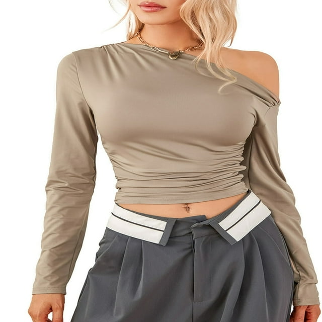Women Solid Color Crop Tops Oblique Shoulder Long Sleeve T-Shirts