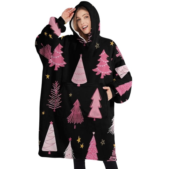 Oversized Wearable Blanket Hoodie,Black and Pink Christmas Tree Pattern Sherpa Blanket Hoodie with Super Pockets,Super Warm Fuzzy Pullover for Women & Men