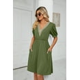 thumbnail image 2 of OUSIMEN Women's 2023 spring and summer solid color lace stitching V-neck short-sleeve pocket waist dress, 2 of 5