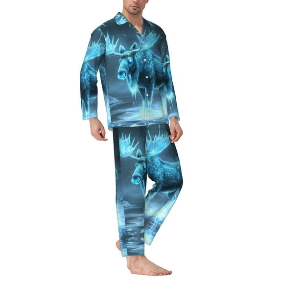 Mens Pajamas Set - Icy Glowing Winter Moose Comfy Long Sleeve Button Up Pajama Sets for Men 2 Piece, Soft Sleepwear Nightwear Pjs Lounge Sets for Men with Pockets