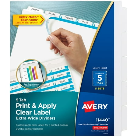 UPC: 0072782114404 | Avery 5 Tab Extra-Wide Dividers for 3 Ring Binder  Perfect for Use with Sheet Protectors  Easy Print & Apply Clear Label Strip  Index Maker Customizable White Tabs  5 Sets (11440)