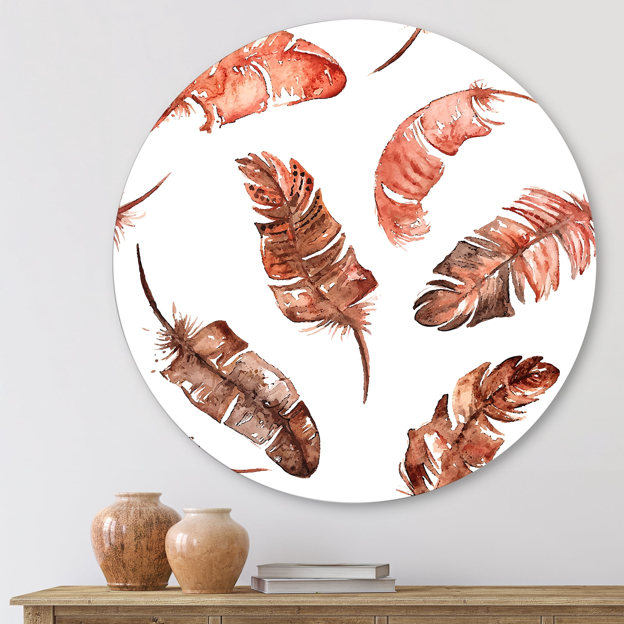 Ethinic Orange Feathers On White 11 in x 11 in Painting Art Prints, by Designart