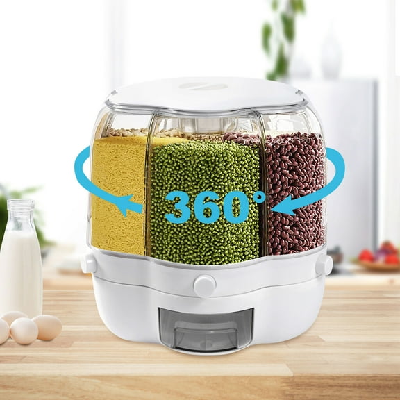 TFCFL 360° Rotating Food Dispenser Cereal Container 6-Grid Flour Storage Bucket w/ Handle