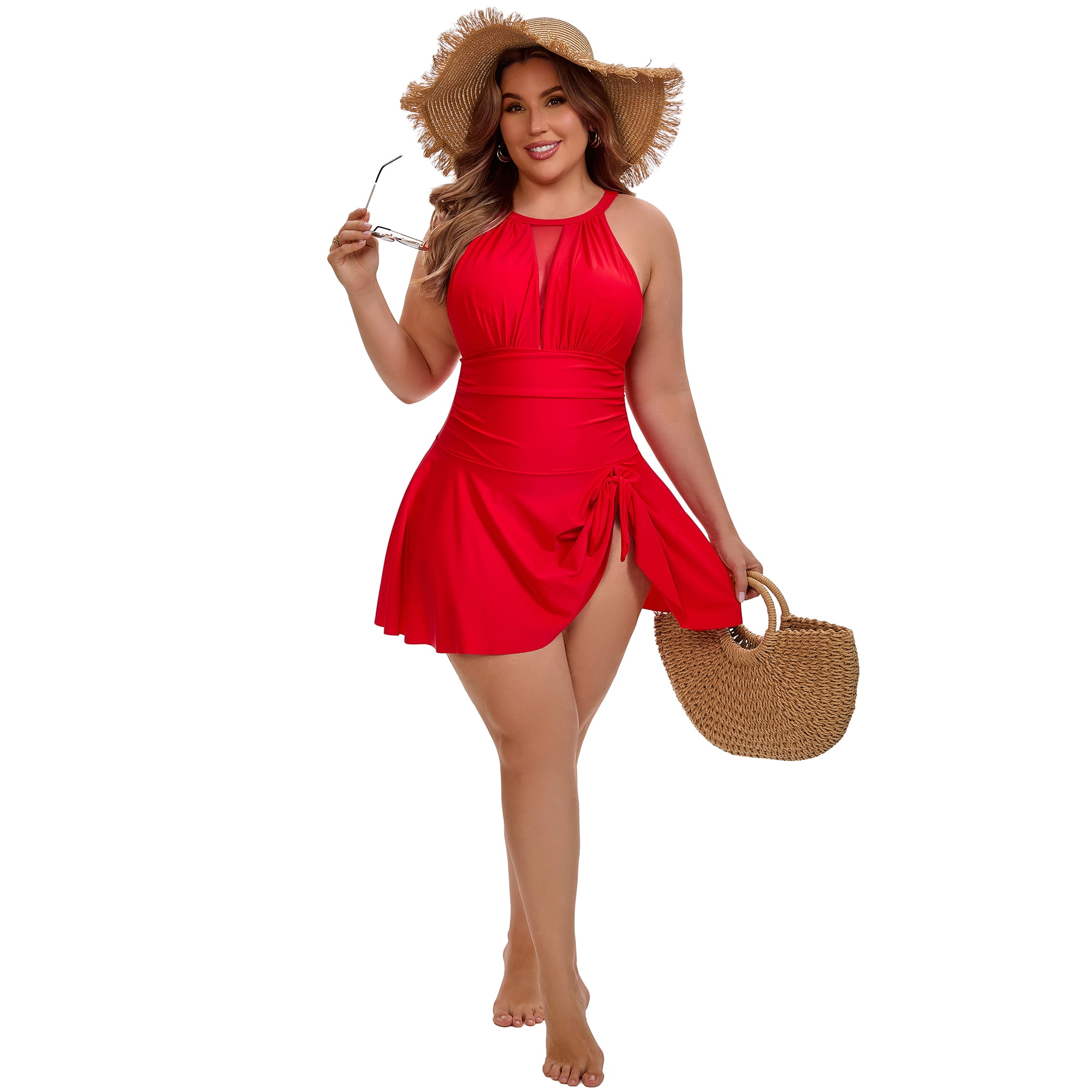 DARING DIVA Women's Plus 1 Piece Halter Mesh Sheer Tie Swimwear 4X Red