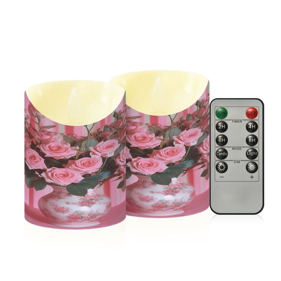 2 PCS Tilted Flameless Candles Flickering LED Lights Battery Operated Candles with Remote Timers for Holiday Decor Pink Roses
