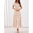 thumbnail image 3 of Beige Floral Tiered Maxi Dress Square Neck Short Sleeve Smocked Waist Flowy, 3 of 27