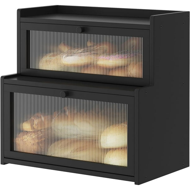 Panera de bambú de doble capa para encimera de cocina, recipiente para almacenar pan sobre encimera, recipiente para pan con ventana para guardar pan (negro)