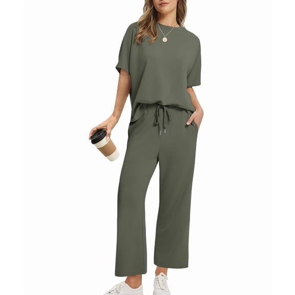 Two Piece Sets for Women Summer Outfits Wide Leg Crop Pants Lounge Sets Beach Vacation Clothes Green S