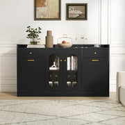 Costway 55” Large Buffet Cabinet with 2 Glass Doors, 2 Drawers, 2 Door Shelves for Kitchen Black