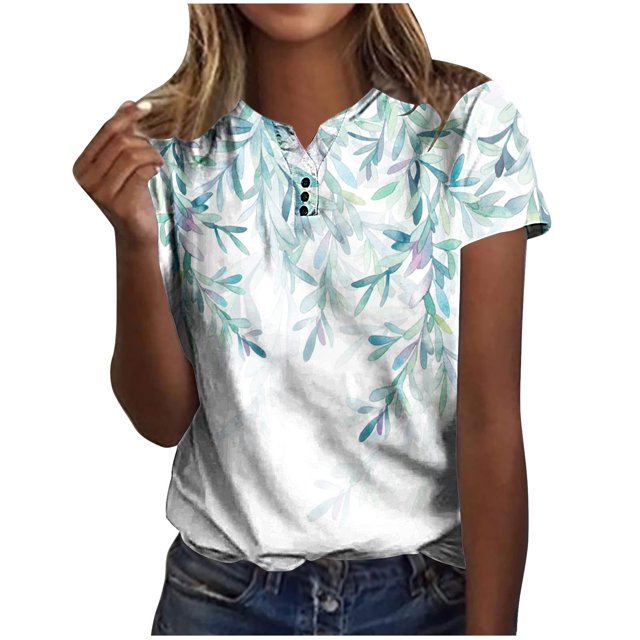 CEHVOM Femmes Mode Décontractée Chemises Imprimées Manches Courtes T-Shirt Ample Hauts Blouse à Col en V Liquidation
