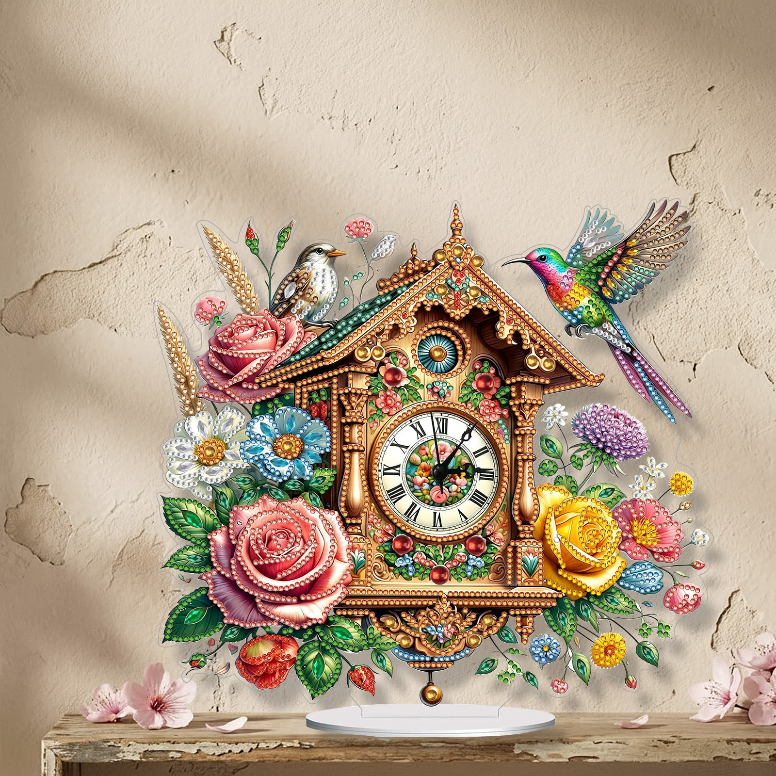 FLOPESN DIY Diamond Art Painting Desk Decor, 11.61*10.75 inch, Clock with Vintage Flowers and Birds Theme, Creative PET Table Ornament