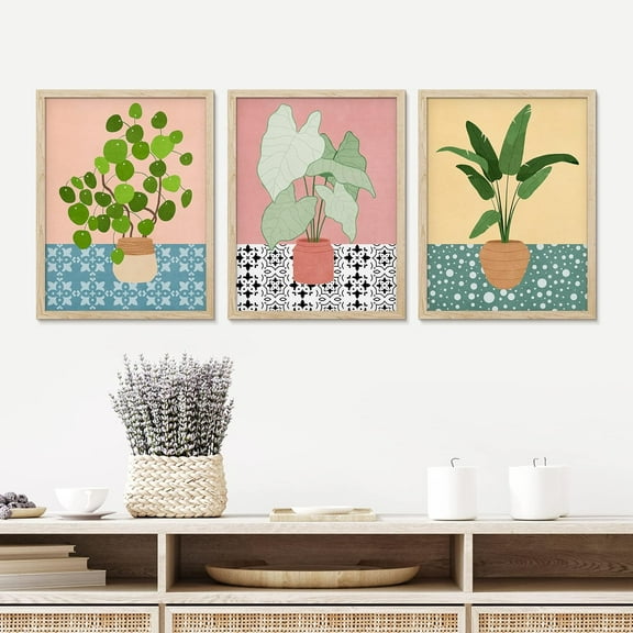 PixonSign Framed Canvas Print Wall Art Set - Multicolor Jungle Plants Posters - Set of 3 Indoor Green Potted Prints Pastel Boho Illustration Wall Décor for Living Room - 12"x16"x3 Natural