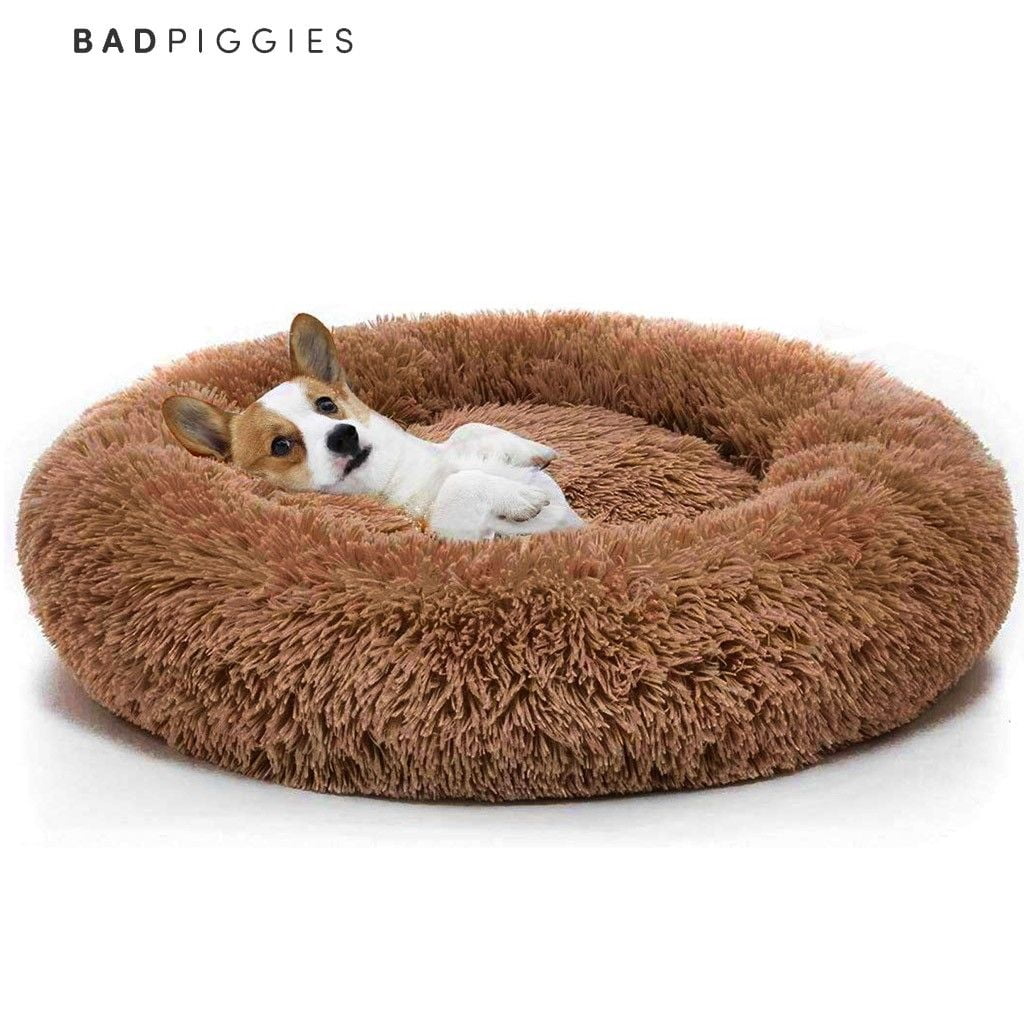 BadPiggies Pet Dog Cat Bed Kennels Warm Sleeping Cushion Plush Donut Faux Fur Round Nest (Brown, 32*32inches)