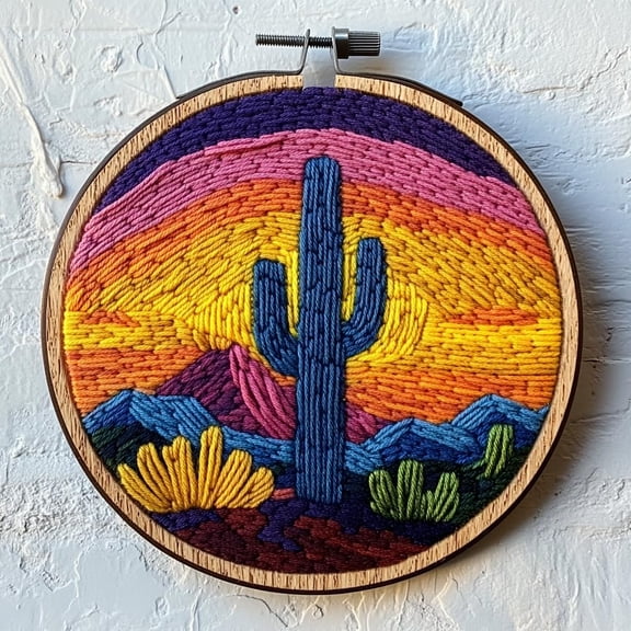 DIY Punch Needle Kits for Beginners Cactus on Desert with Sunset with Hoop Punch Needle Starter Craft Embroidery Set Easy for Adults and Children Festival Gift and Decoration 20x20cm-1