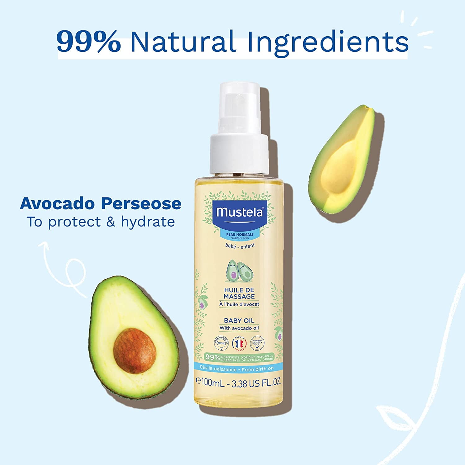 Mustela Baby Oil - Moisturizing Oil for Massage - with Natural Avocado, Pomegranate & Sunflower Oil - 3.38 fl. oz.