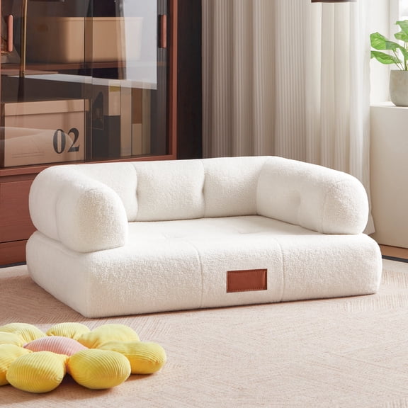 ATJafurn 33.9 inches Faux Shearling Dog Bed Couch for Large and Medium Dogs up to 70lbs, Modern Orthopedic Elevated Pet Bed Sofa Indoor