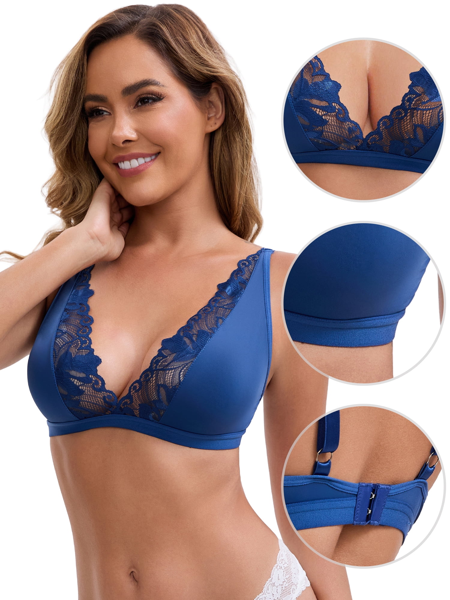 DARING DIVA Lace Bras Deep V Plunge Adjustable Straps Triangle Bralette L Blue