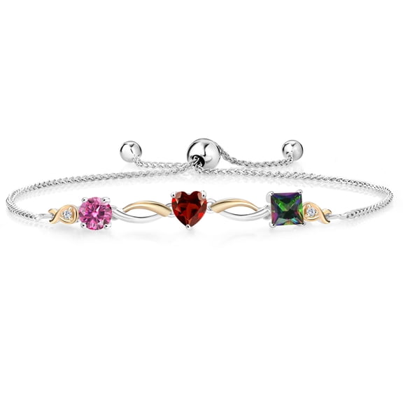 Gem Stone King 925 Silver and 10K Yellow Gold Pink Moissanite Red Garnet Green Mystic Topaz and Lab Grown Diamond Tennis Bracelet for Women By Keren Hanan (2.30 cttw, Adjustable up To 9 inch)