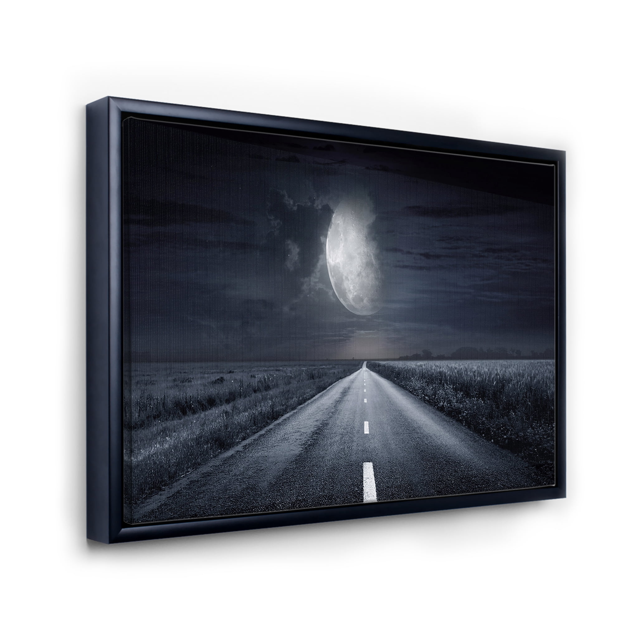 Designart 'Cloudy Full Moon Over Asphalt Road III' Nautical & Coastal Framed Canvas Wall Art Print