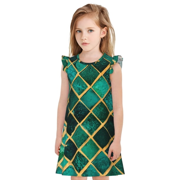 Fotbe Green Mosaic Glass Vestido de Dormir para Niñas de 3 a 10 Años, Mangas Cortas, Estilo Princesa, Pijama Camisón con Mangas Voladas-X-Large