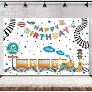 Train Theme Happy Birthday Backdrop Kids Boys Cartoon Cute Railroad Crossing Colorful Construction Transport Bday Party Decorations Photography Background Banner Photo Booth Studio