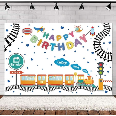 Train Theme Happy Birthday Backdrop Kids Boys Cartoon Cute Railroad Crossing Colorful Construction Transport Bday Party Decorations Photography Background Banner Photo Booth Studio