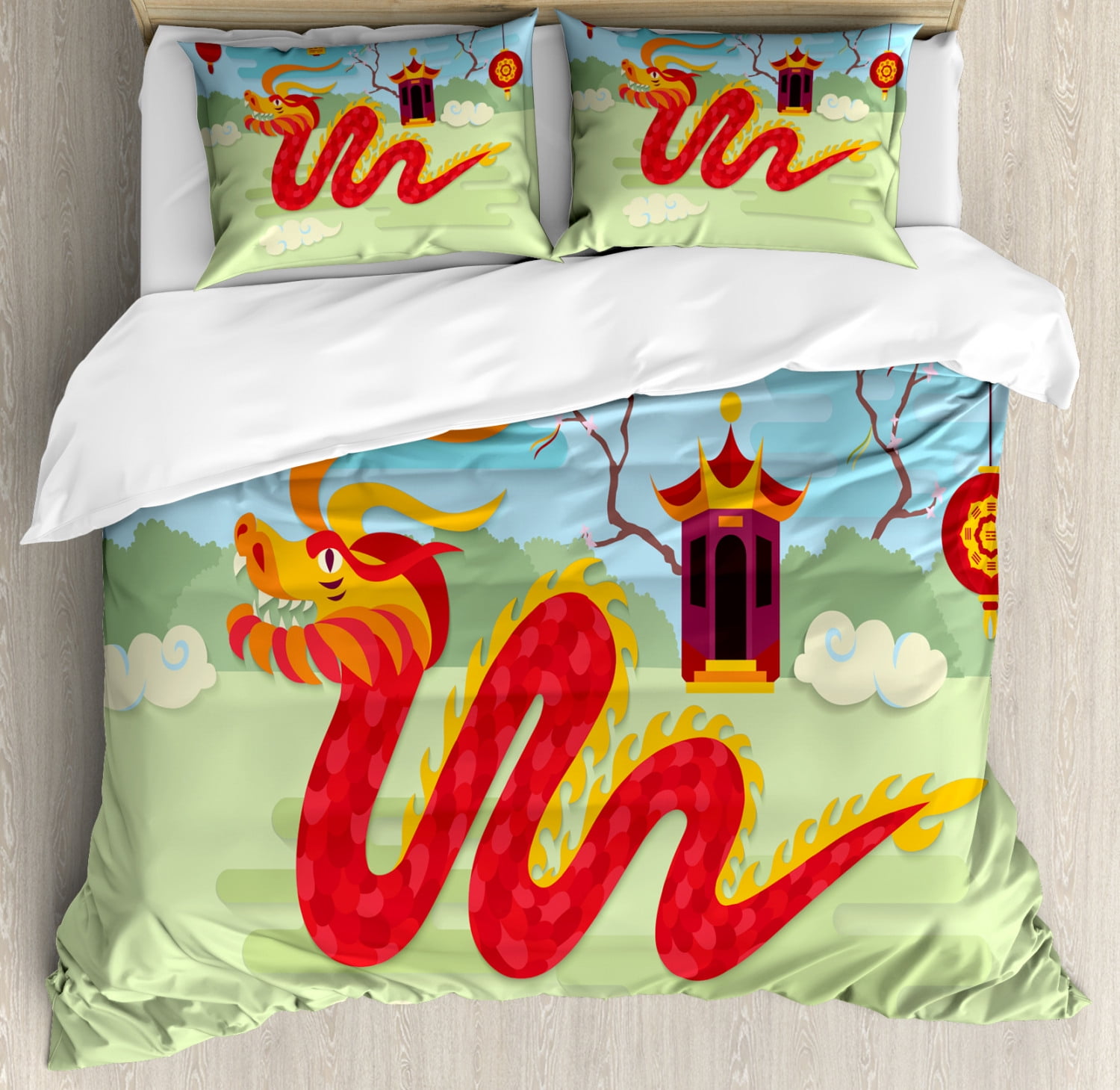 Dragon Duvet Cover Set King Size, Festive Illustration of Chinese