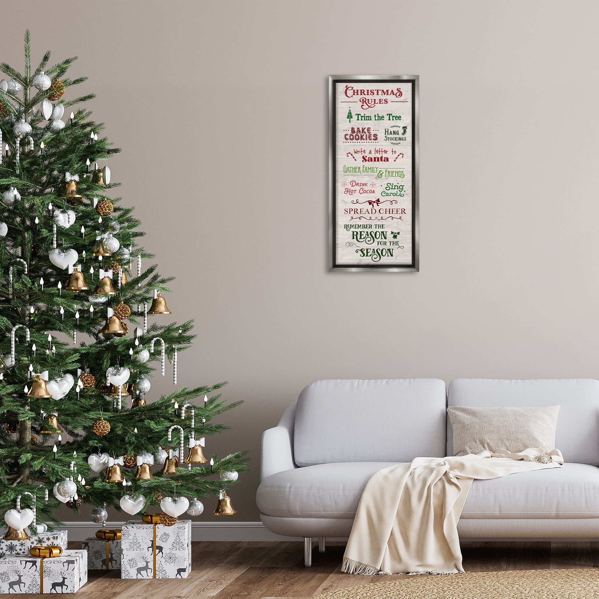 Stupell Industries Rustic Christmas Rules Holiday Painting Gray Floater Framed Canvas Art Prints Wall Art, 15 x 31