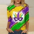 thumbnail image 2 of S LUKKC LUKKC Mardi Gras Shirt For Women Summer Carnival Theme Party Outfits Casual Fashion Print Pullover Round Neck 3/4 Sleeve Top Blouse, 2 of 4