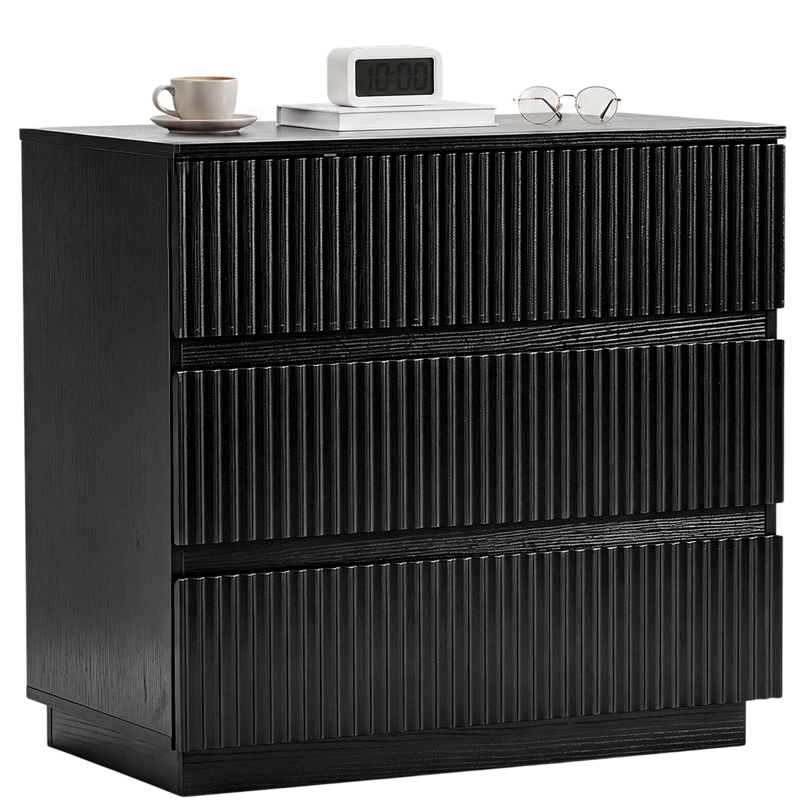 Handleless Grille-Finished 3-Drawer Bedside Table, P2 Particleboard + MDF & Melamine Veneer + Thermoformed Drawer Cabinet 23.62*12.99*22.05in Black