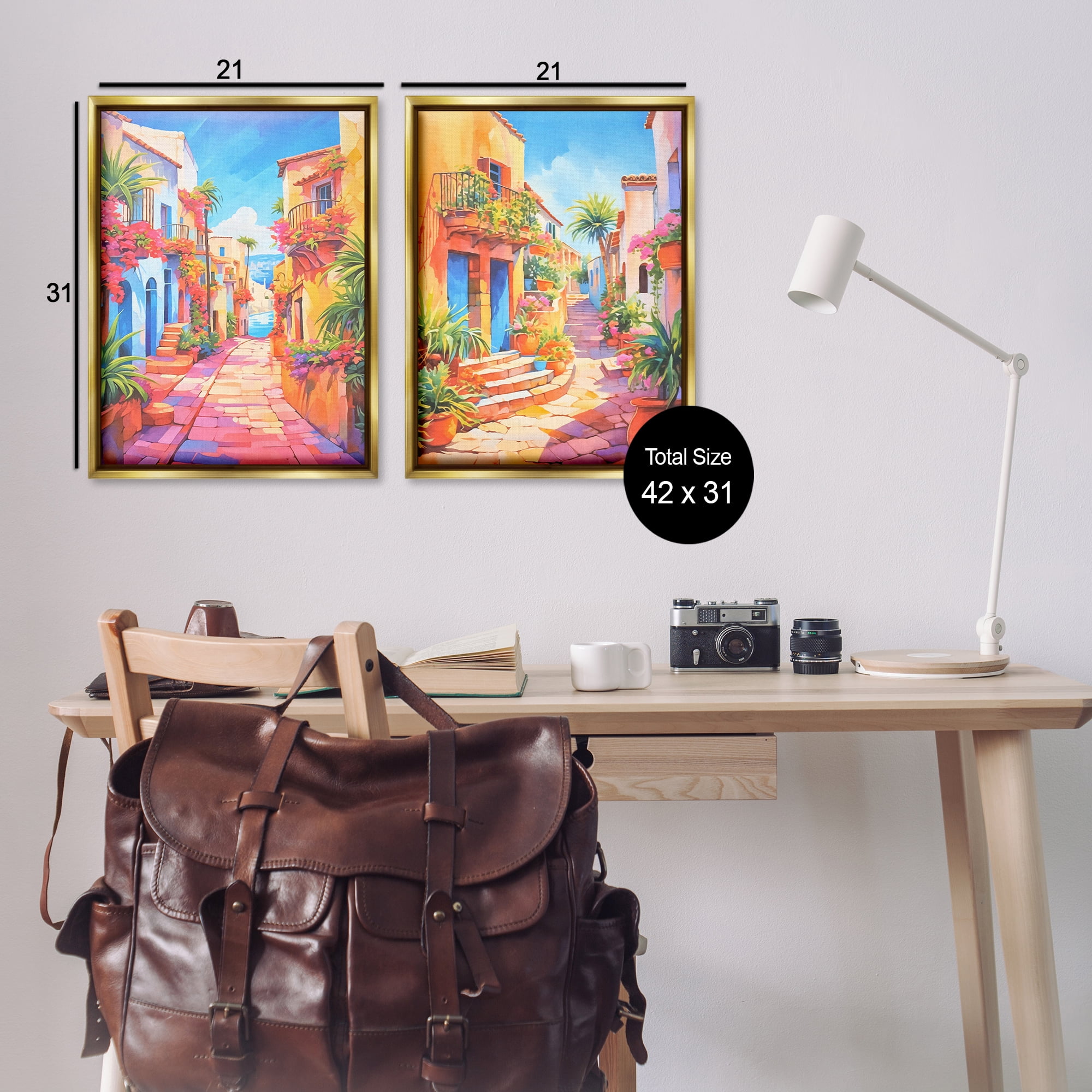 Stupell Industries Quaint Mediterranean Village Buildings & Architecture Painting Gold Floater Framed Canvas Art Print Wall Art, 21 x 31, Set of 2