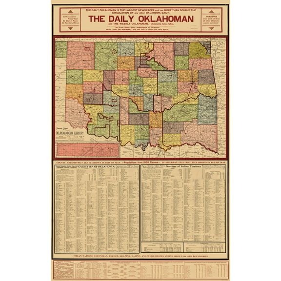 Historic State Map - Oklahoma Indian Territory - Geographical Pub 1905 - Vintage Wall Art