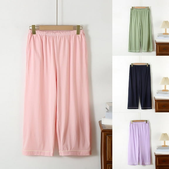Lovzfmll Women's Lounge Pants, Cropped Wide Leg Capris with Pockets, Stretchy Elastic Waist Palazzo Pants, Athletic Casual Pajamas Pants