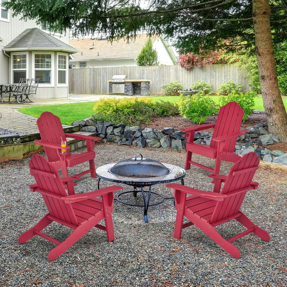 YYAo Outdoor Adirondack Chair with Built-in Cup Holder for Backyard Porch-Red