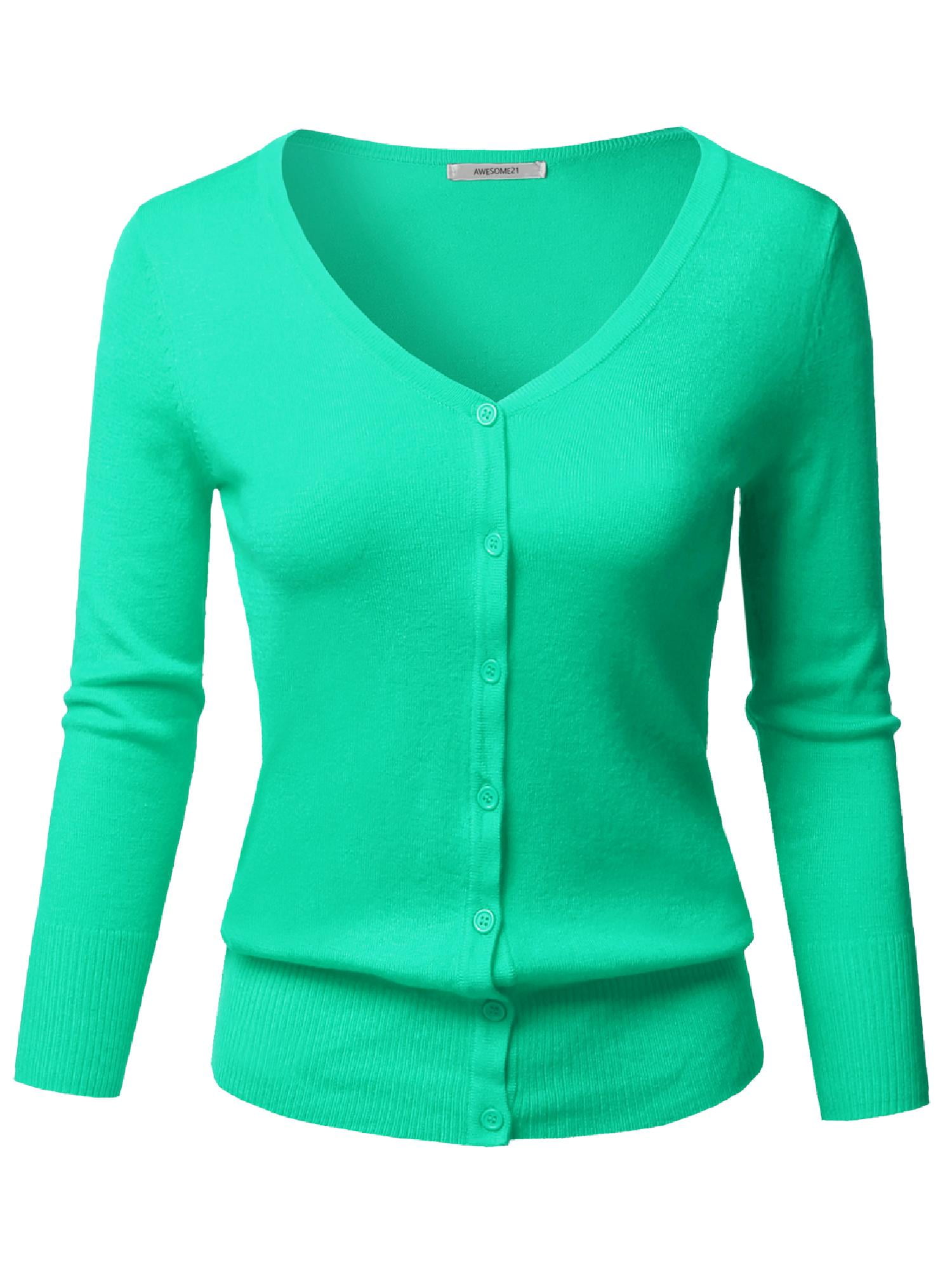 FashionOutfit Women's Solid Button Down V-Neck 3/4 Sleeves Knit ...