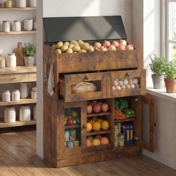 Advwin Large Onion and Potato Storage Bin with Lid, 31.9" Wooden Fruit & Vegetable Cabinet with Bread Box, Adjustable Shelvs, Mesh Doors & Hooks, Farmhouse Kitchen Pantry Organizer, Rustic Brown
