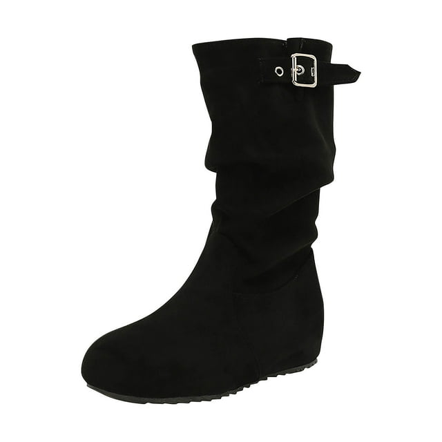 Black Womens Mid Calf Western Boots With Belt Buckle And Wedge Heel Comfortable Wear With Sturdy Construction And Versatile Style For Daily Use Size 39