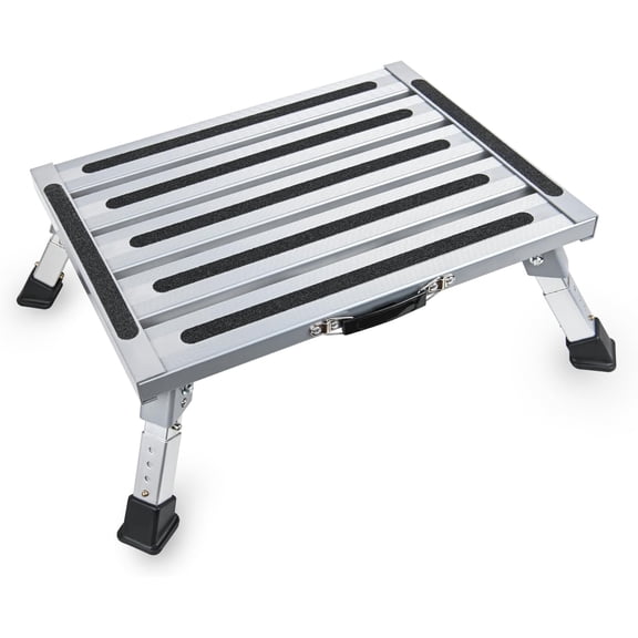 Nilight RV Step Stool Aluminum Folding Platform Steps 19x14.5 RV Steps 4 Levels Adjustable Step Stool with Anti-Slip Surface Rubber Feet Handle Supports Up to 500lbs for Camper Travel Trailer, Silver