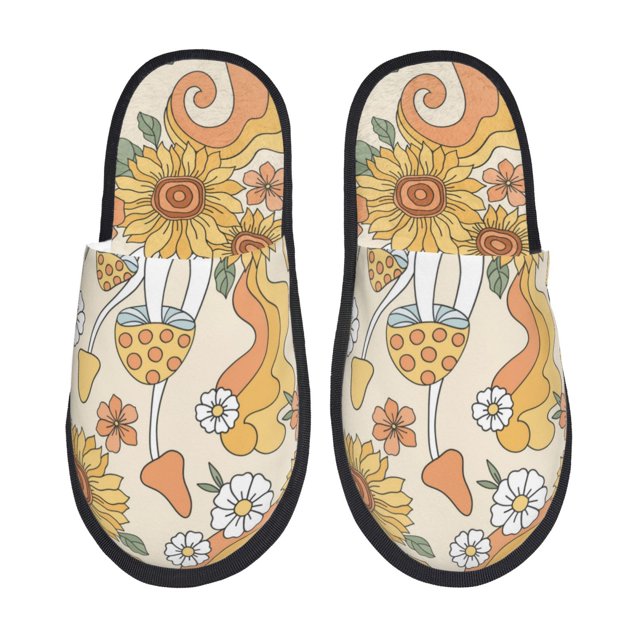 Balery Groovy Hippie Flower Mushrooms Pantuflas de Casa de Felpa Silenciosas con Diseño Estampado, Zapatillas Cómodas Antideslizantes de Algodón para Interior-Medium