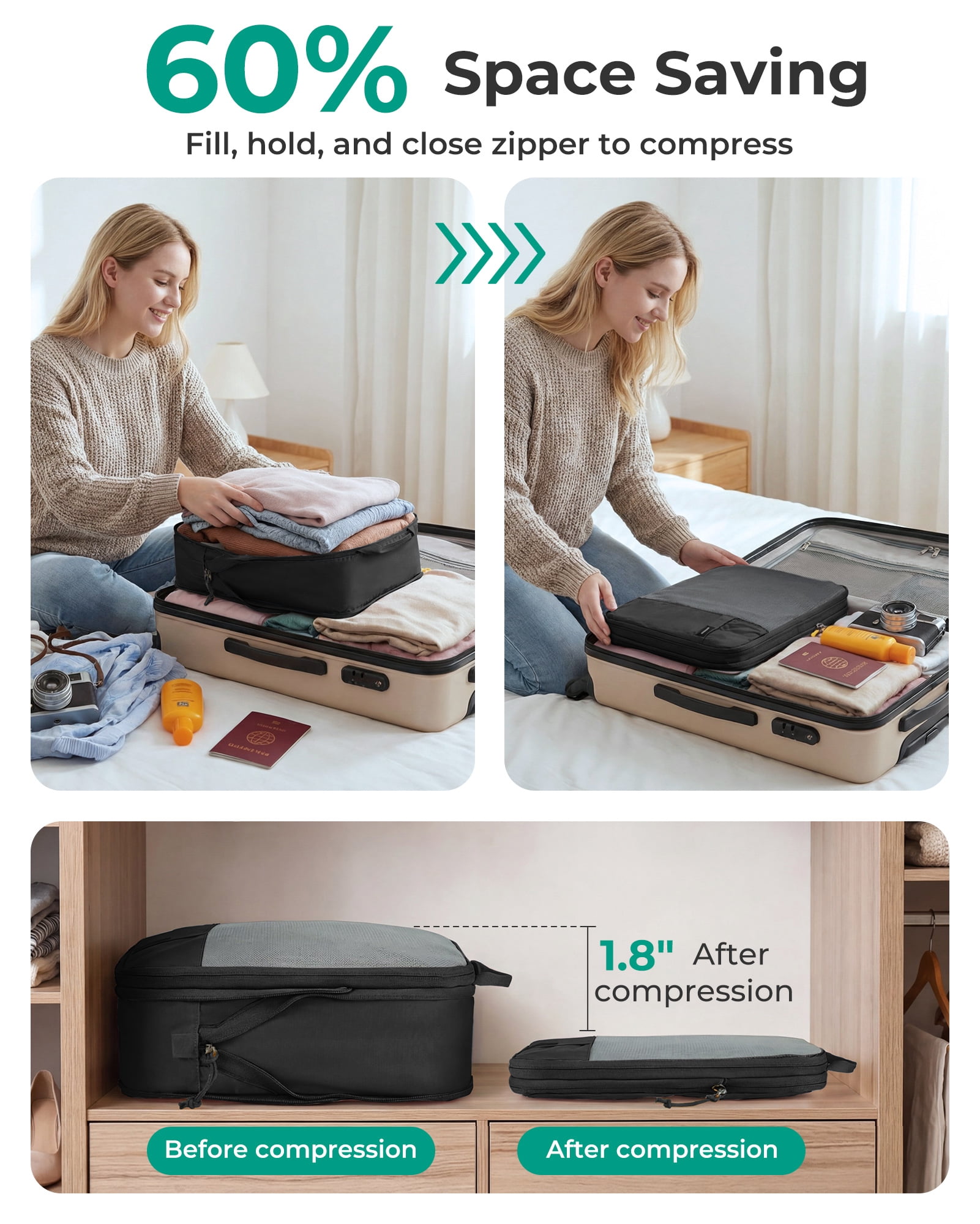 BAGSMART Compression Packing Cubes for Travel Luggage, 6 Pcs Expandable Packing Organizers Foldable Lightweight Suitcase Storage Bags for Travel Accessories, Women Men, Black