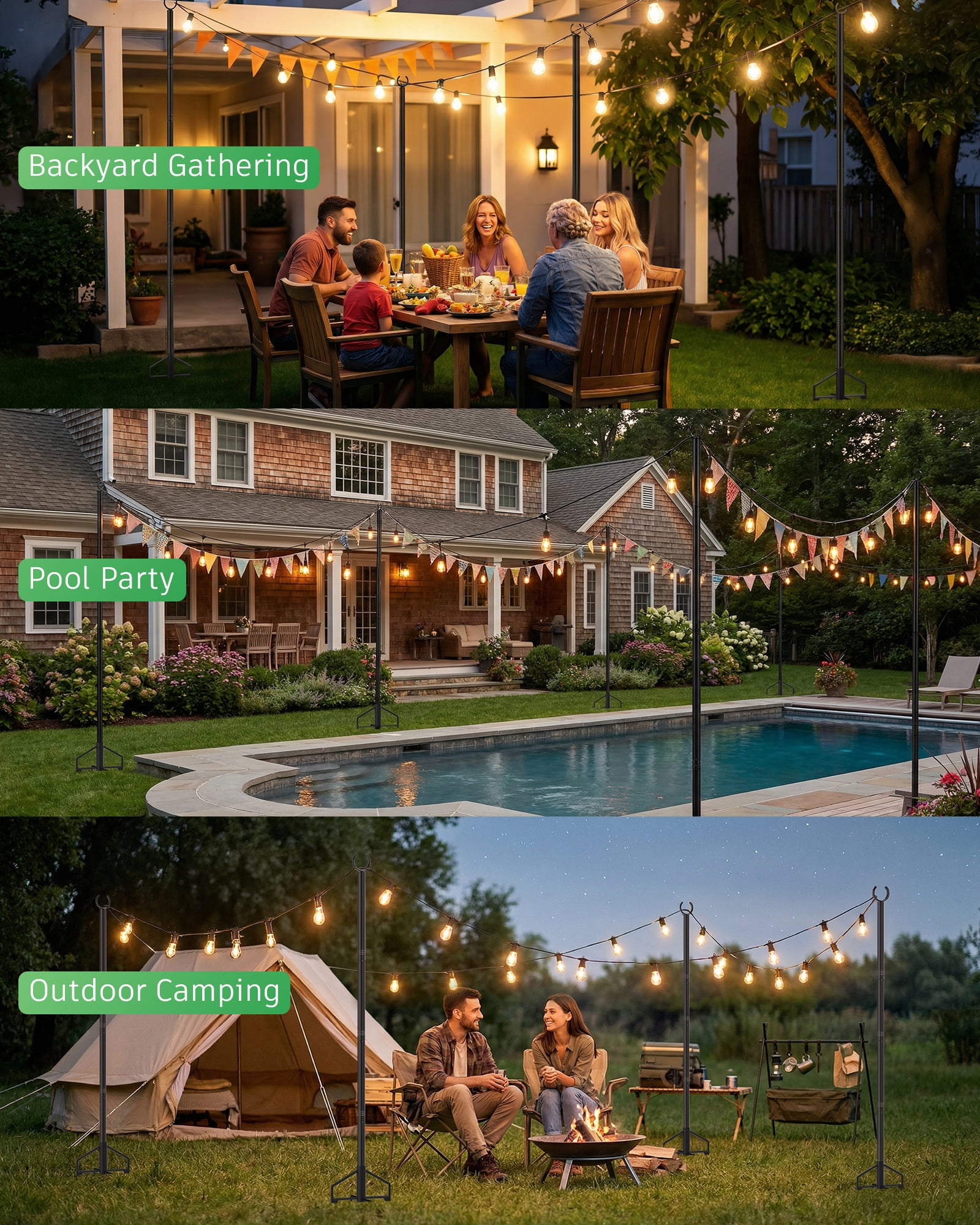 String Light Poles 2 Pack, Heavy Duty Outdoor Light Poles with Upgraded 5‑Prong Base, Anti‑Bending Stable Design for Backyard Patio Garden Wedding Party Decoration
