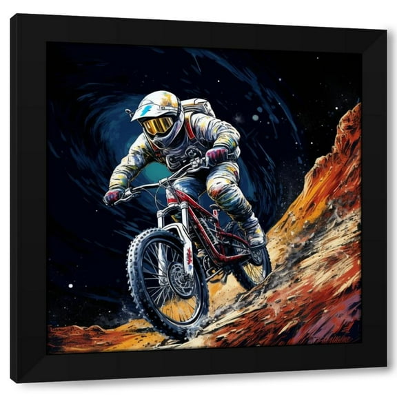 TEXTZEN 15x15 Black Modern Wood Framed Wall Art Titled - Mountain Biking on the Moon